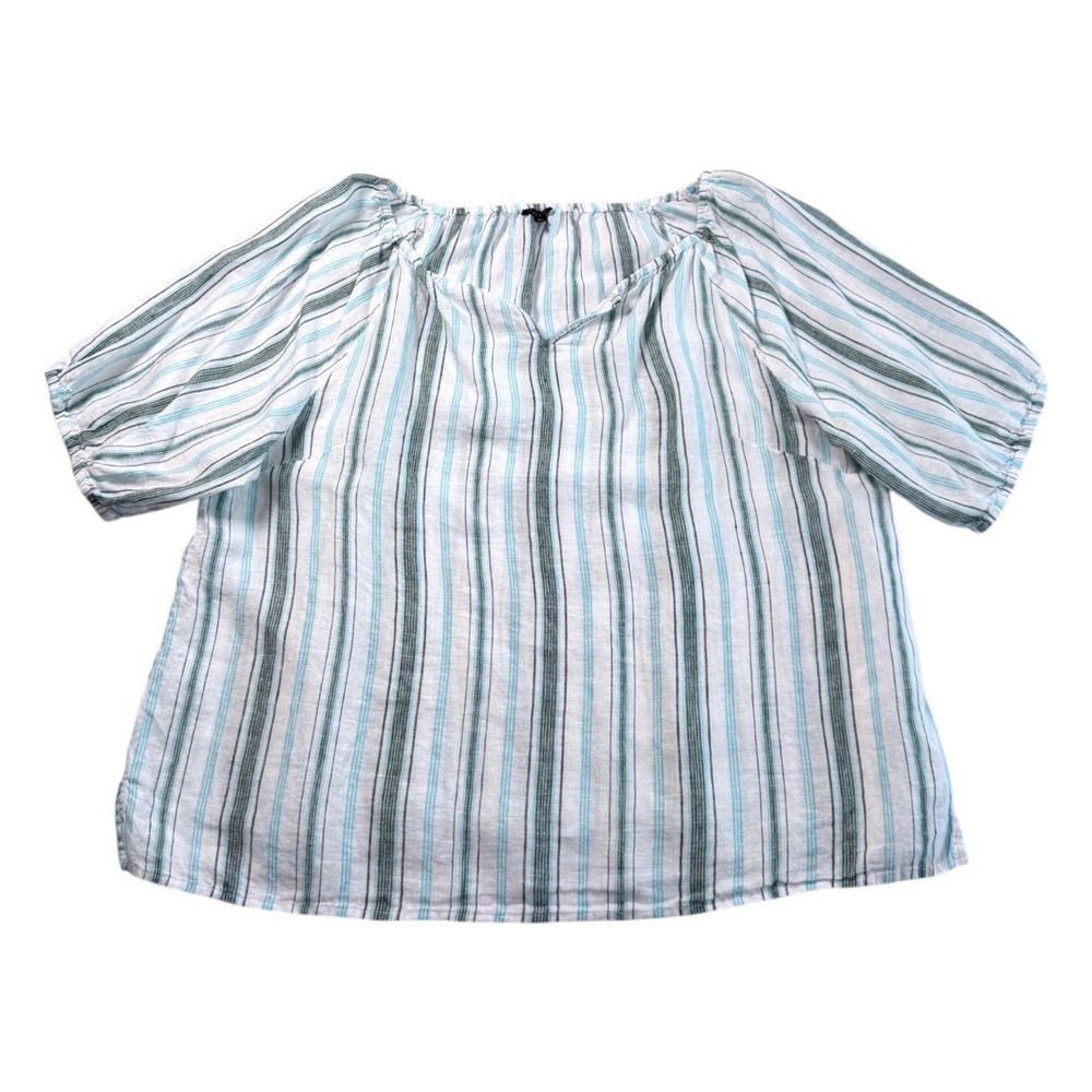 Talbots Striped Linen Peasant Blouse Sz XL White Blue Green Boho Coastal Breezy - Picture 5 of 7